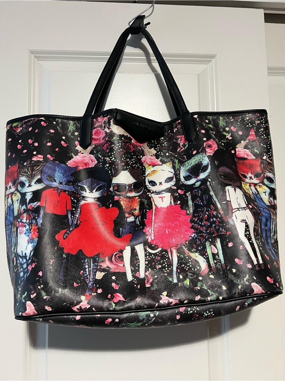 Givenchy Black Floral Cat-Print Tote with Pink Accents